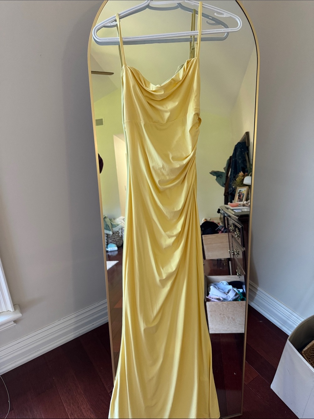 Cider Elegant Yellow lace open back Cowl Neck Slip Dress